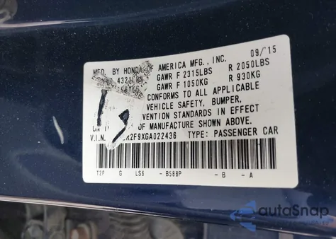 2016 Honda Accord Ex-L z USA, uszkodzony, nr VIN 1HGCR2F9XGA022436